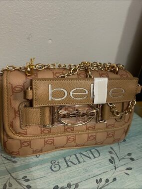 bebe Beige/Tan Logo Chain Crossbody Bag